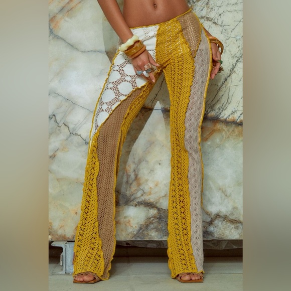 Jaded London Yellow White Crochet Knit Boho Bohemian Lace Low Rise Pants - Picture 10 of 12